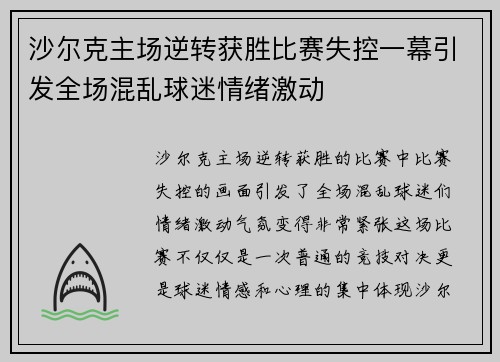 沙尔克主场逆转获胜比赛失控一幕引发全场混乱球迷情绪激动
