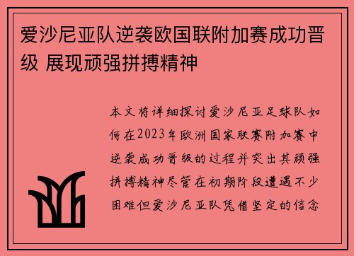 爱沙尼亚队逆袭欧国联附加赛成功晋级 展现顽强拼搏精神
