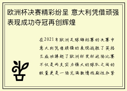 欧洲杯决赛精彩纷呈 意大利凭借顽强表现成功夺冠再创辉煌