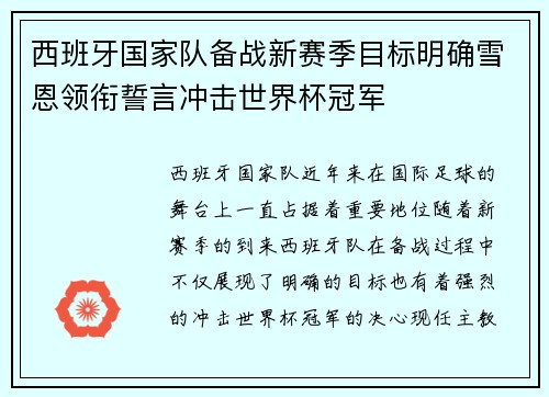西班牙国家队备战新赛季目标明确雪恩领衔誓言冲击世界杯冠军